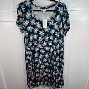 Style Co Flip Flop Dress Navy Floral Print Short Sleeve V Neck Midi Size L